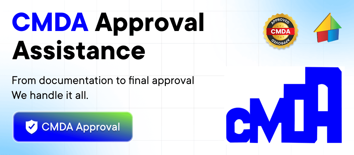 CMDA approval assistance in Tamil Nadu showing CMDA logo, approval badge, and building plan documentation support for property development.
