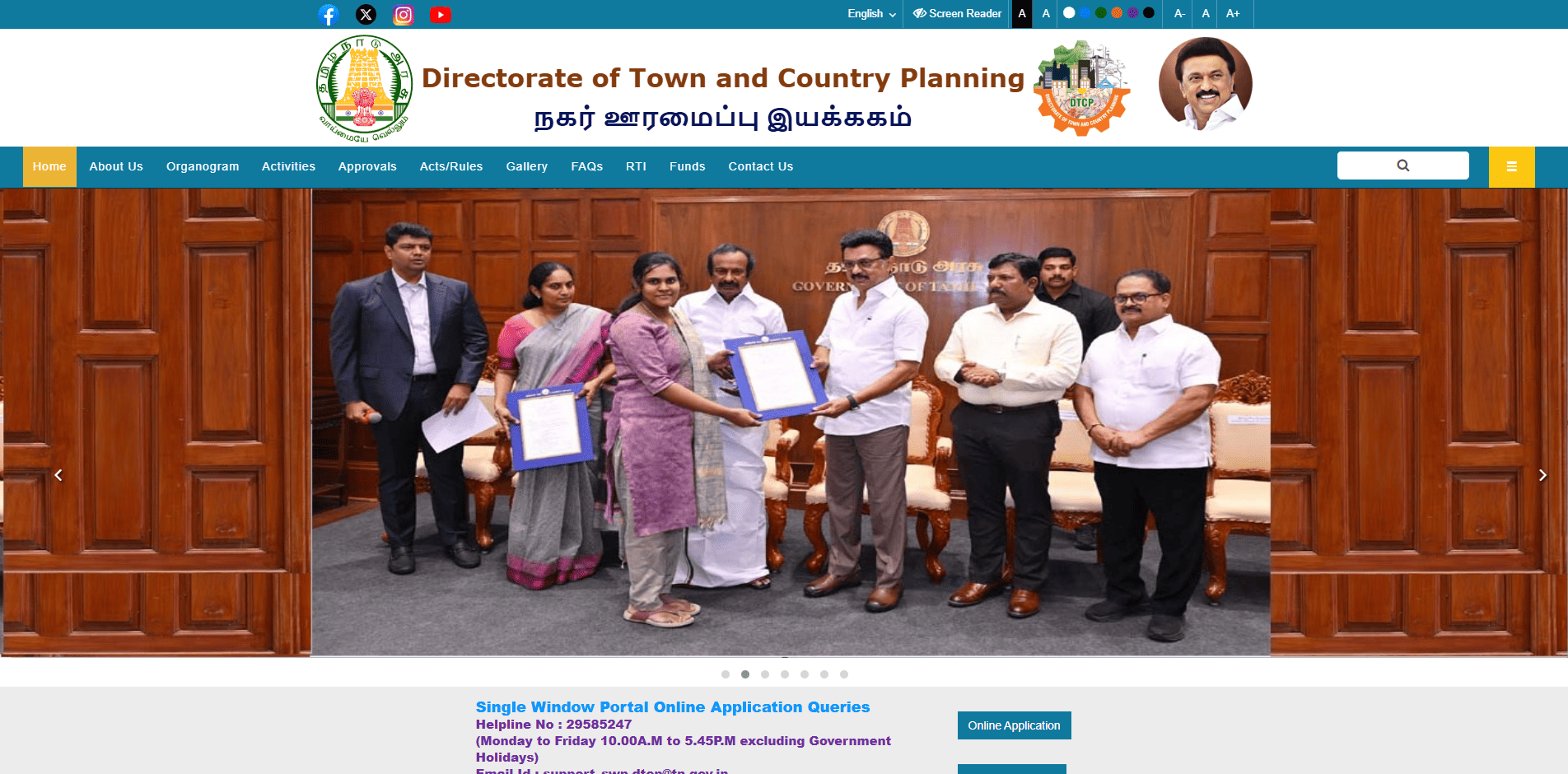 Directorate of Town and Country Planning Tamil Nadu official website homepage displaying DTCP logo, government officials, and online approval services menu.