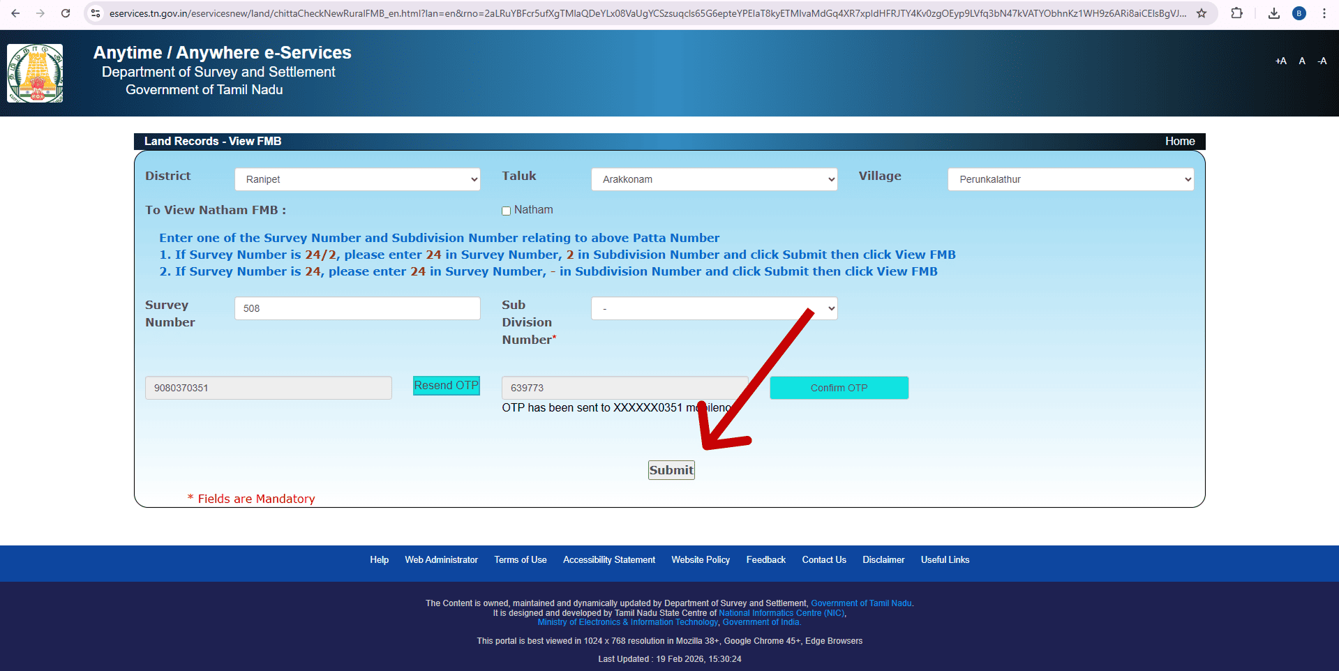 Screenshot of Tamil Nadu eservices.tn.gov.in View FMB page showing dropdowns for Ranipet district, Arakkonam taluk, Perunkalathur village; input fields for Survey Number 508 and Subdivision -, mobile OTP verification section with Confirm OTP button, and highlighted Submit button with red arrow for accessing rural FMB sketch after verification.