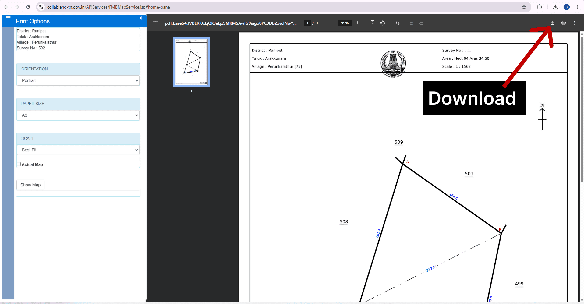 creenshot of Tamil Nadu FMB sketch map viewer for Survey No. 502 in Perunkalathur village showing triangular plot boundaries with measurements, adjacent survey numbers, north arrow, and print sidebar options including Portrait orientation, A3 paper size, Best Fit scale; highlighted Download button with red arrow for downloading or printing the rural Field Measurement Book sketch.2.3sFast
