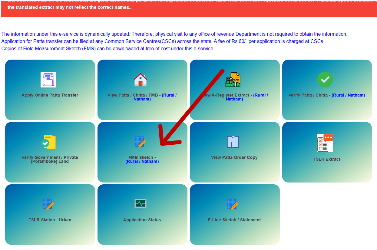 Screenshot from Tamil Nadu eservices.tn.gov.in showing land record service tiles, with red arrow indicating the "FMB Sketch - (Rural / Natham)" option selected for viewing rural Field Measurement Book sketches in the Patta Chitta process. Includes note on dynamic updates and CSC application for Patta transfer.